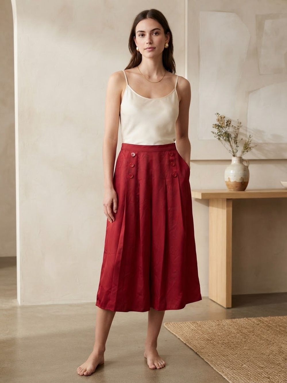 Vintage Jack Mulqueen New York Women’s 14 Red Silk Midi Long Pleated Skirt